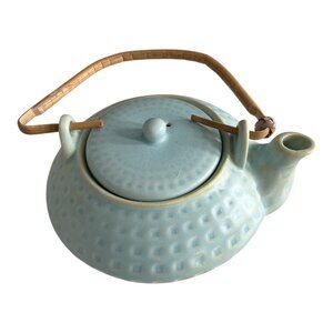 Pier 1 Blue Stoneware Teapot with Bamboo Handle – Textured Dotted Design